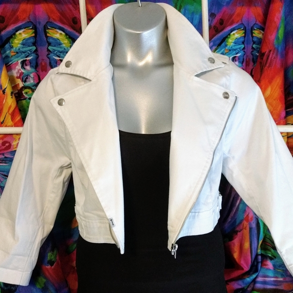 Cropped White Denim Moto Jacket - Picture 6 of 7